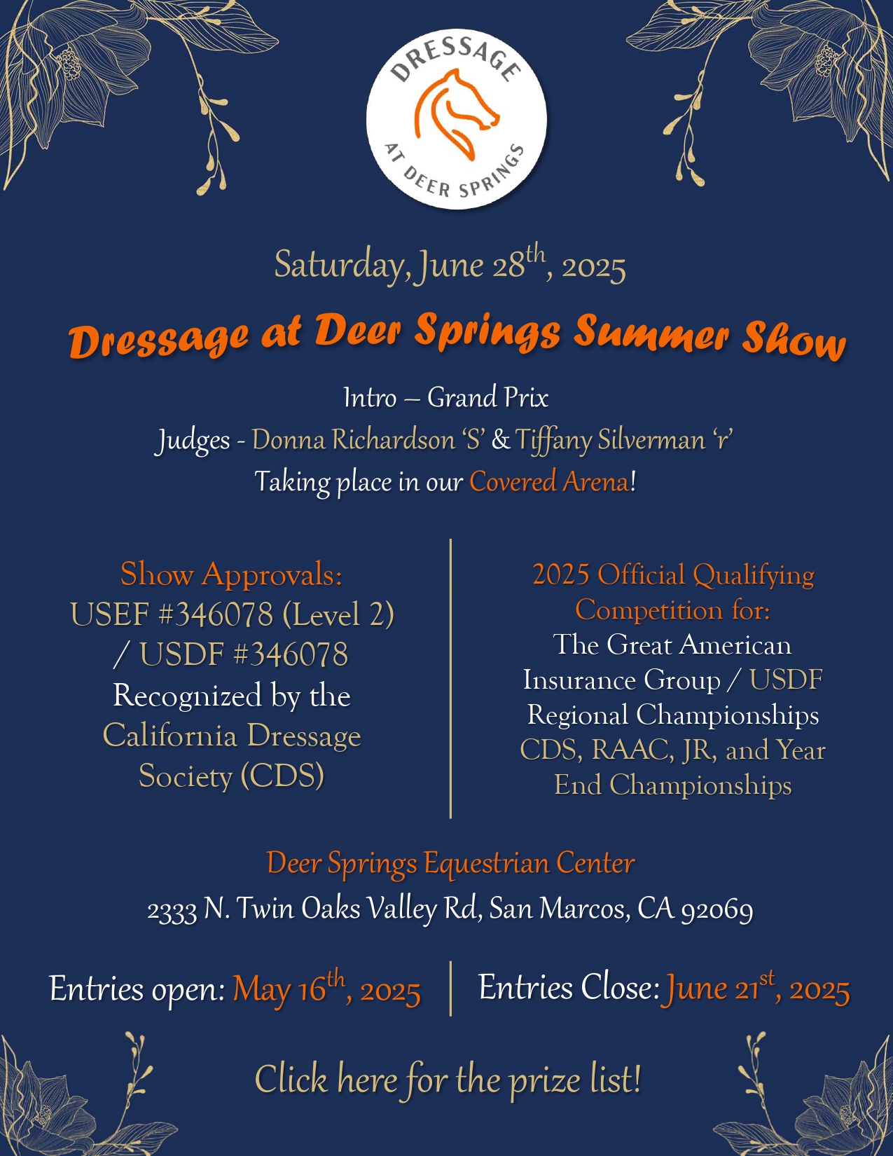 Dressage at Deer Springs Summer Show Prize List Flyer